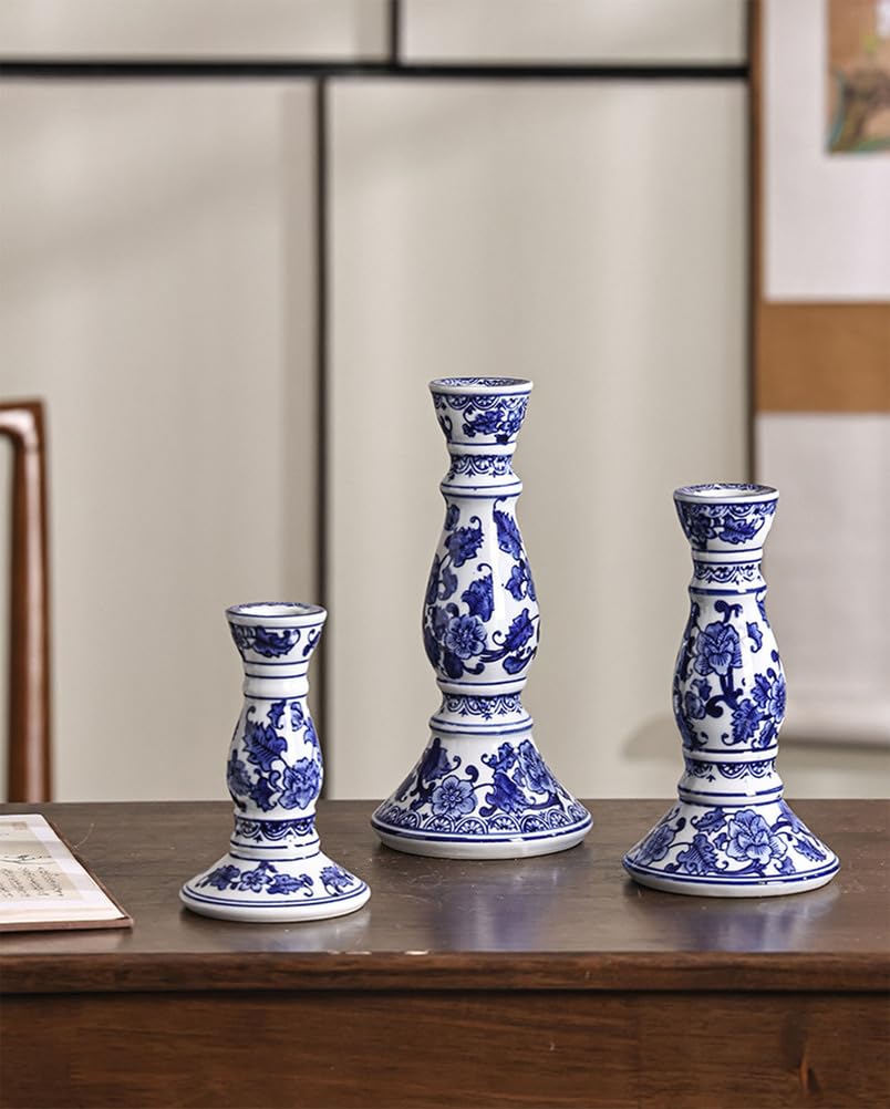 Candelabro De Porcelana Azul Y Blanco Chino Patrón Floral Tradicional Portavelas De Cerámica para Sala De Té Sala Estar Hotel Decoración Hogar Estilo Chino Moderno