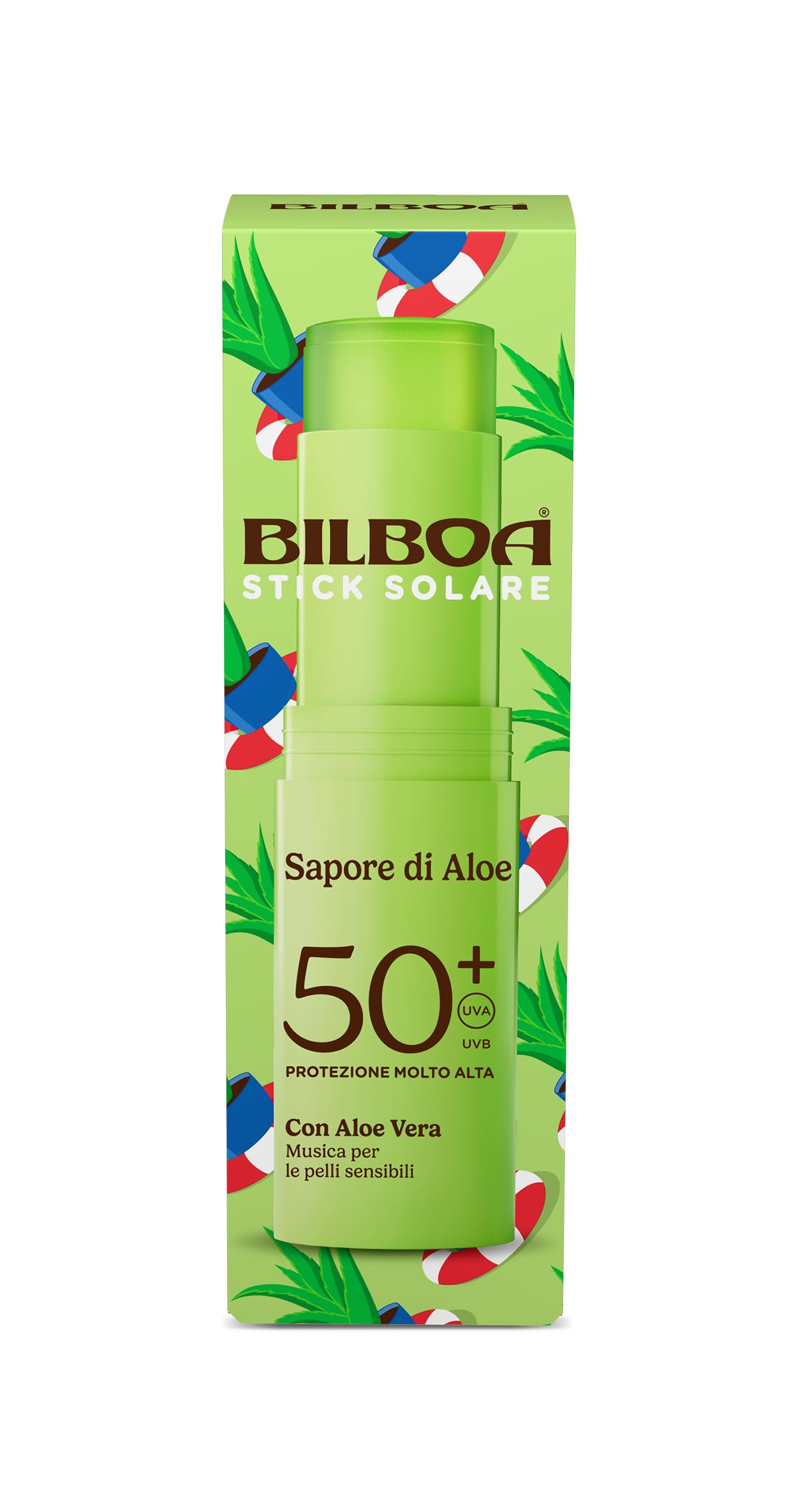 Bilboa, Sapore di Aloe, Stick Solare SPF 50+, Protezione Solare per Zone Delicate del Corpo e Pelli Sensibili, Profumo di Aloe Vera, Resistente all’Acqua, Formato Viaggio, 20 ml