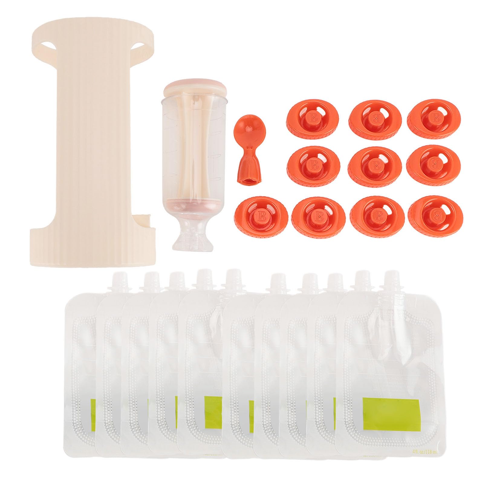 Fruit Squeeze Station, Squeeze Station for Homemade Baby Food, Plastic Fruit Puree Baby Food Pouch Filling Maker with 10pcs 118ml Pouches (Beige)