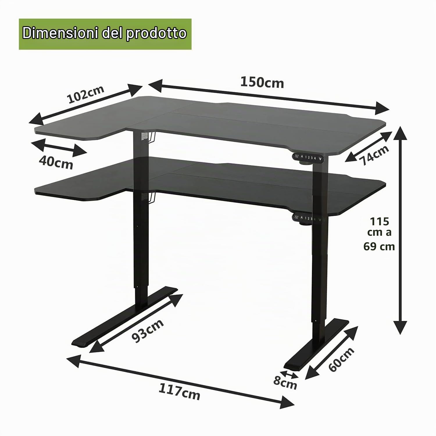 Radlove Desk, scrivania elettrica regolabile in altezza, con 4 controlli di memoria e tecnologia anticollisione (78 x 150 cm, Black)