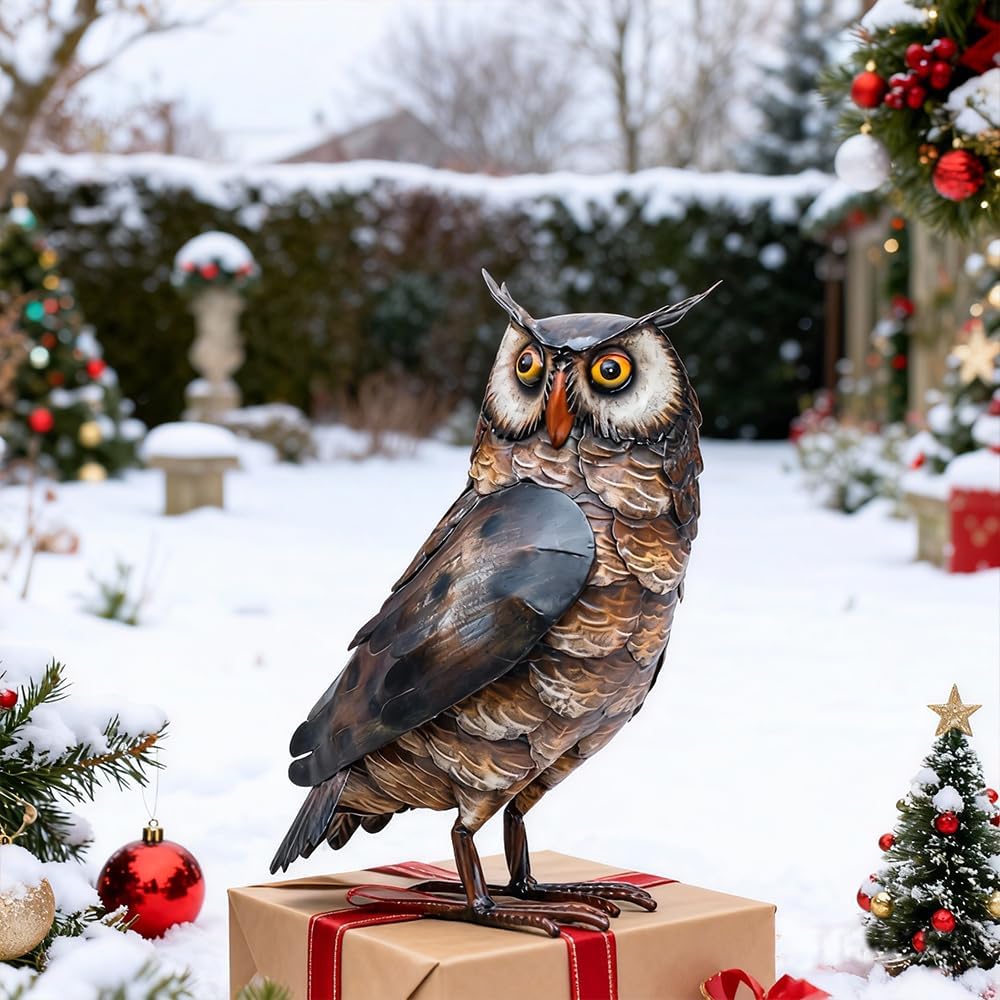 Natelf Garden Owl Sculptures & Statues, Standing Metal Bird Yard Art Sculpture for Patio Backyard Pond Outdoor Decorations (Brown-1)