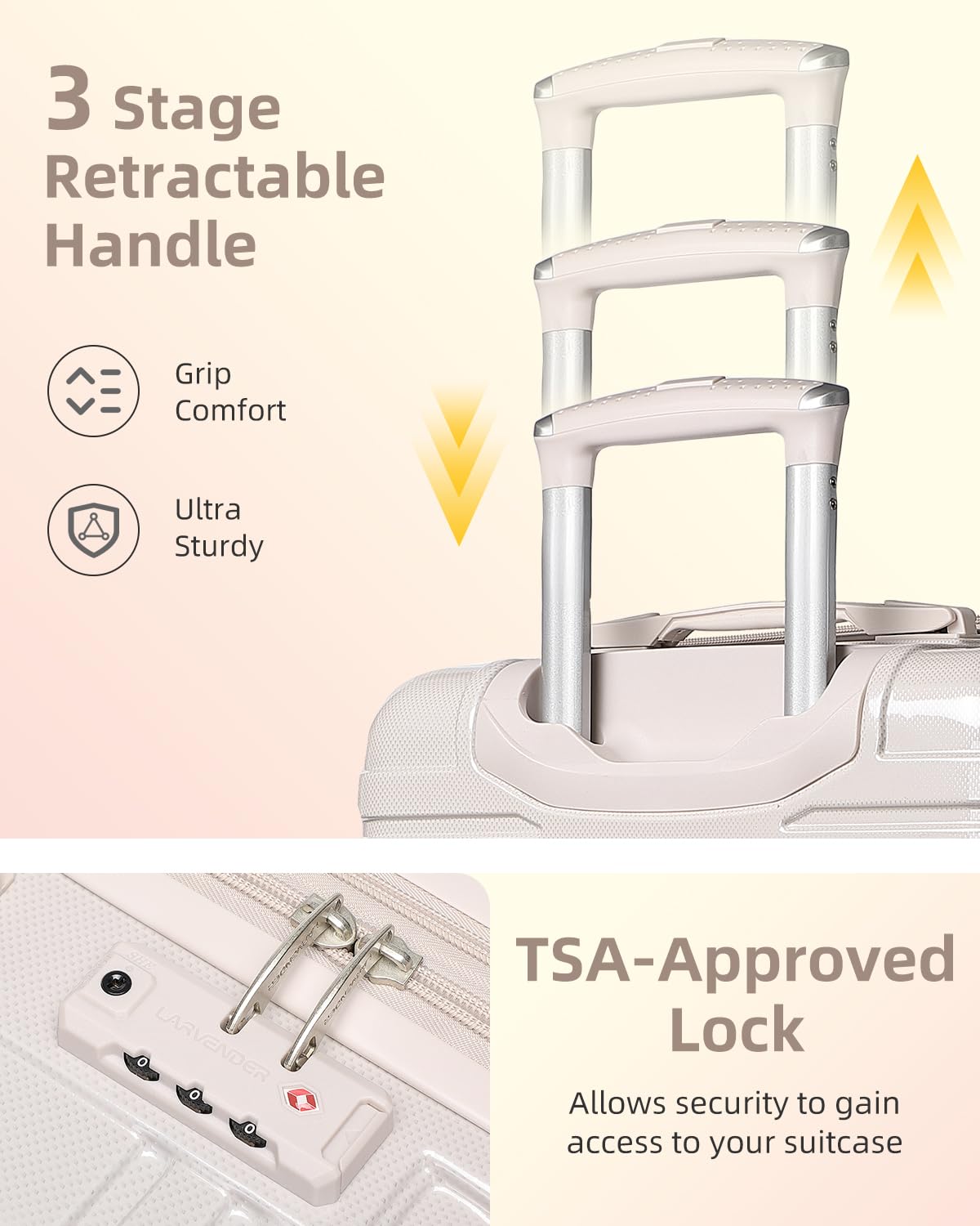 LARVENDER Carry on Luggage 22x14x9 Airline Approved, 20 Inch Hardside Suitcase with Wheels TSA Lock, PC+ABS Lightweight Travel Luggage Sets for Women, Glossy Champagne, 3 Piece Set