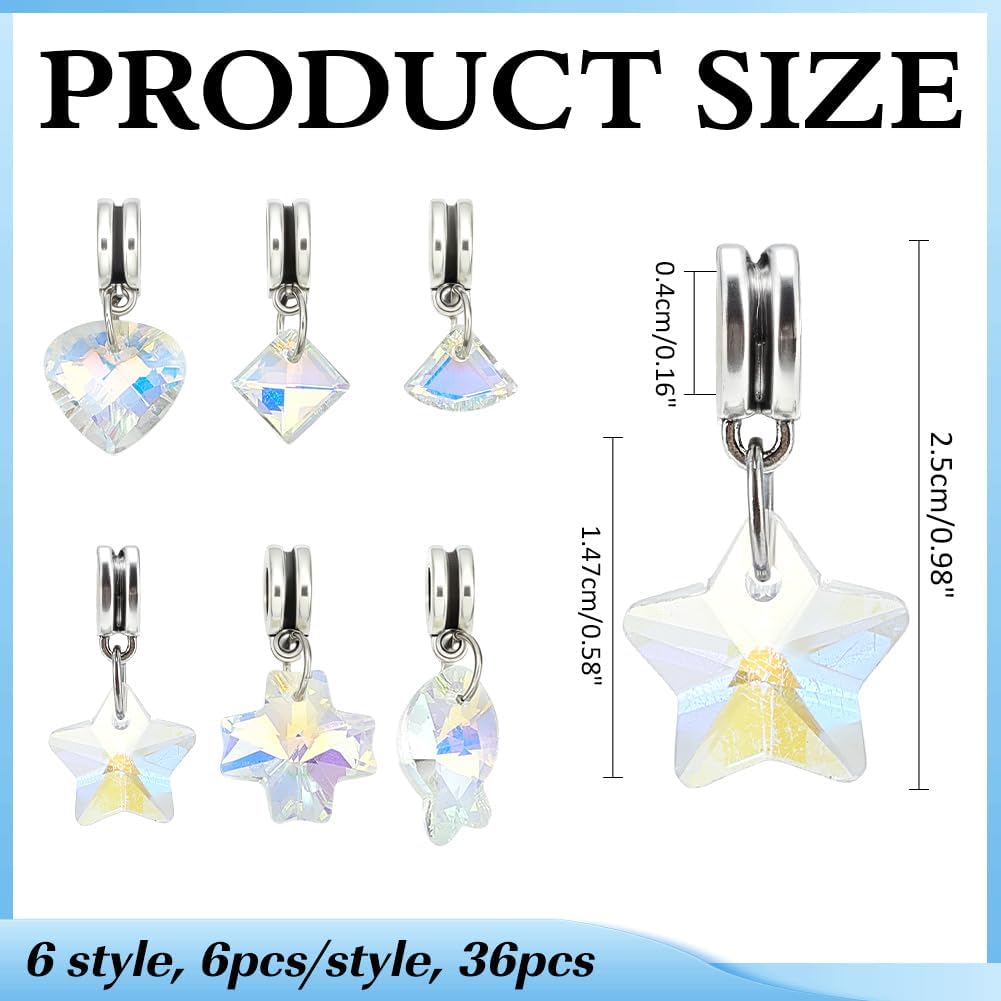 36Pcs 6 Styles Crystal Glass Charms Pendants Faceted Transparent Star Heart Square Triangle Fish Cross Glass Charms Crystal Dangle Charm with Alloy Findings for Jewelry Making - Image 2