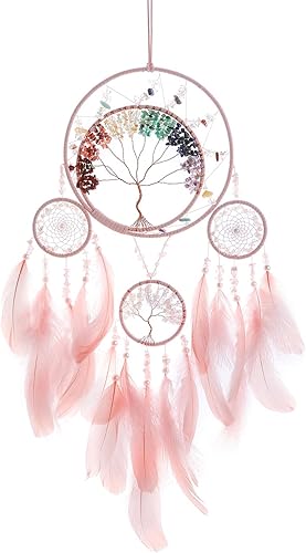Atrapasueños de 7 chakras, árbol de la vida, gran atrapasueños, decoración de pared de plumas rosas con piedra de cristal curativo arco iris,