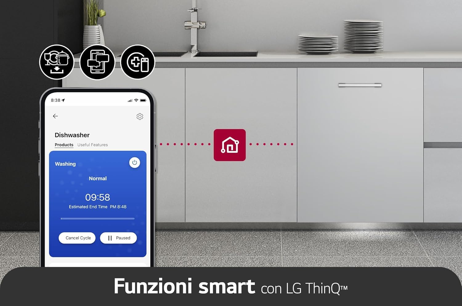 LG QuadWash DB365TXS Lavastoviglie da Incasso a Scomparsa Totale, Serie 3, Classe B, 14 coperti, 4 Bracci Irroratori, Vapore, Cerniere Sliding, Apertura Automatica, 3° Cestello, Wi-Fi, Acciaio