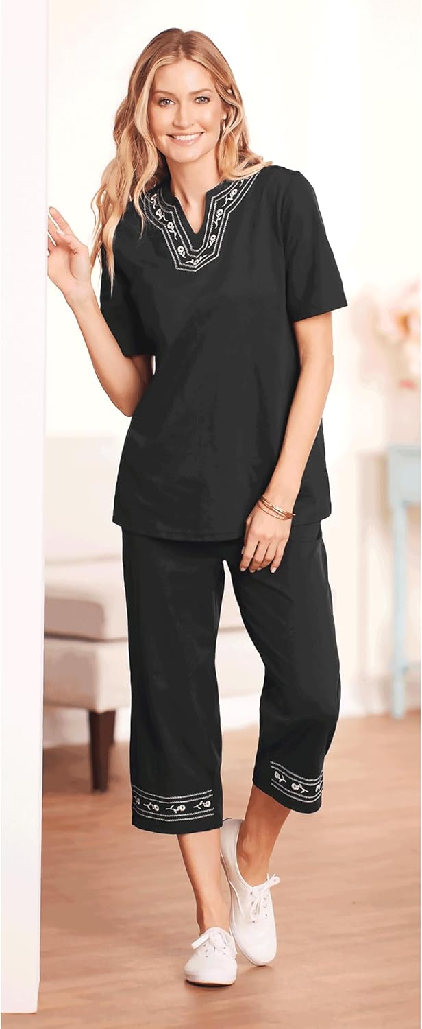 AmeriMark Embroidered Floral Trim Capri Set Women's Capri Top & Pants Outfit - Image 4