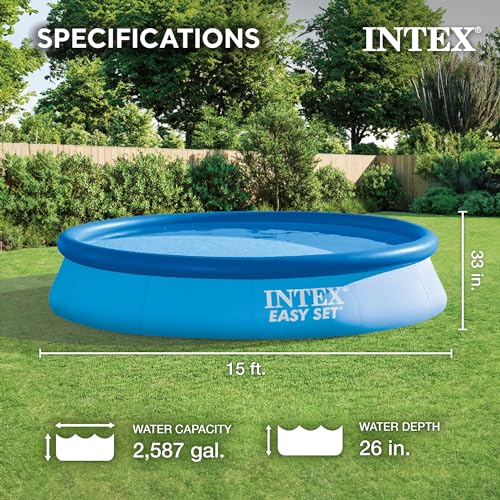 Intex 15\' x 33\" Easy Set Inflatable Ring Top Round Above Ground Swimming Pool with Cover and Krystal Clear Cartridge Filter Pump