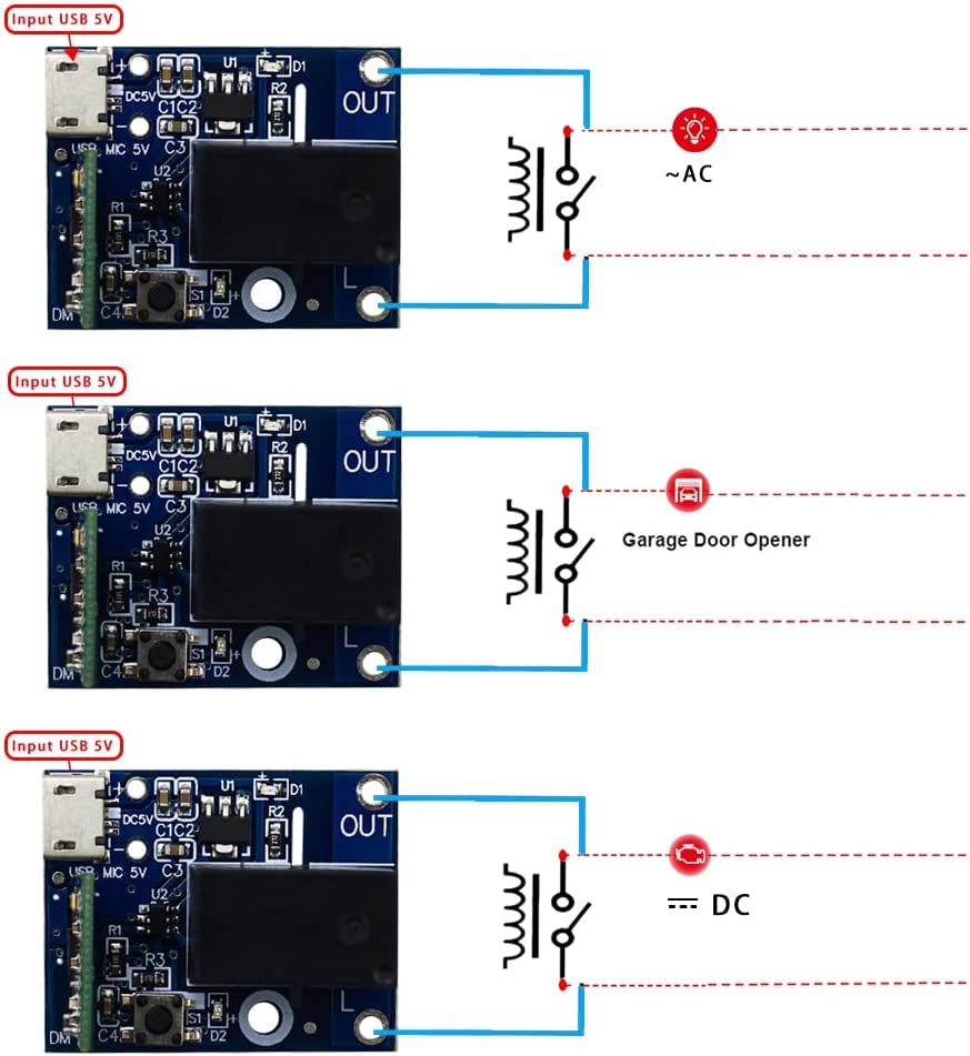 Wiring diagrams for AC light, garage door opener, and DC device using the QIACHIP relay module.
