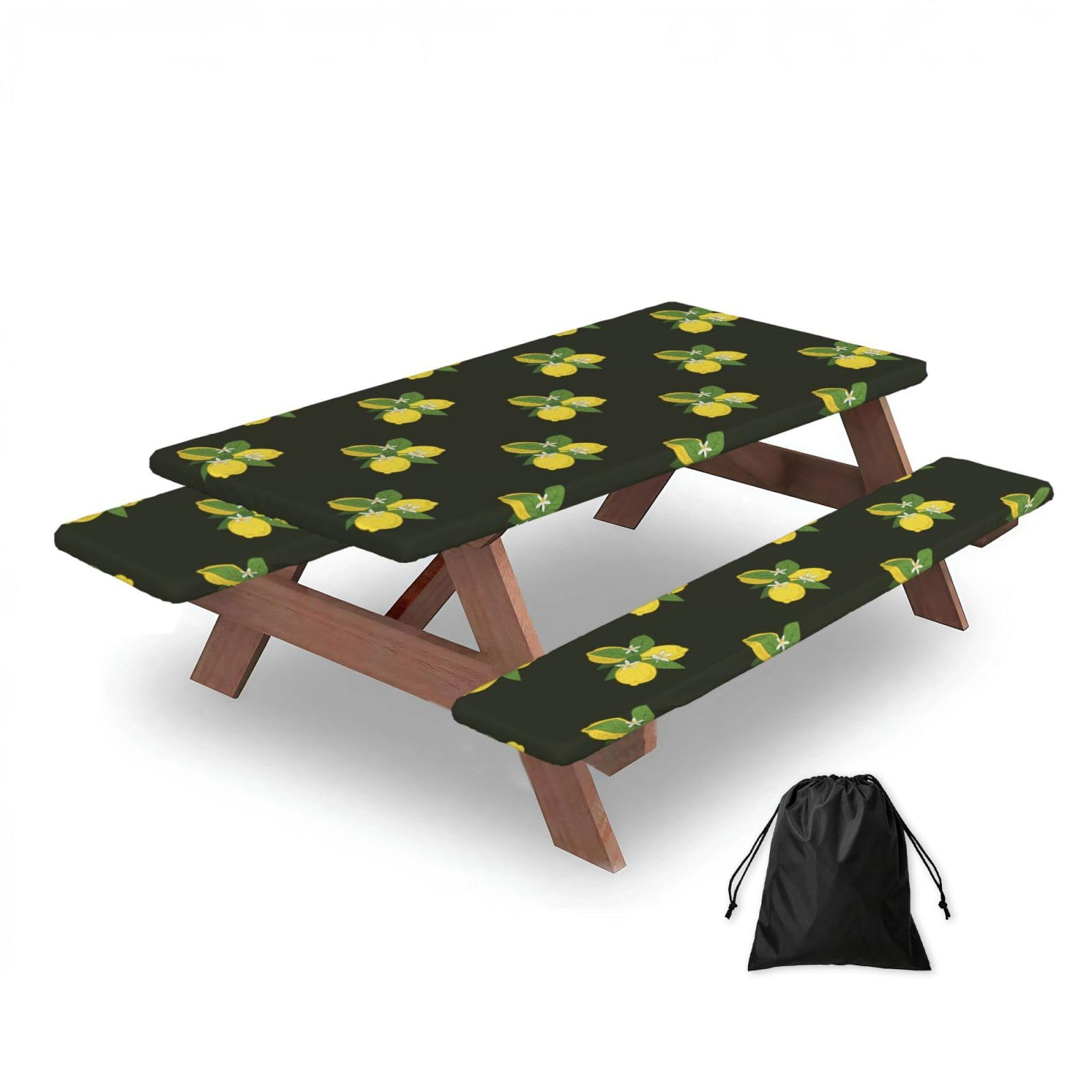 Dopklna As Picture Lemon With Branch And Lilies Bouquet Black, Picnic Table Cover With Bench Covers -Waterproof Elastic Fitted Tablecloth For Garden Camping Patio 76X152cm
