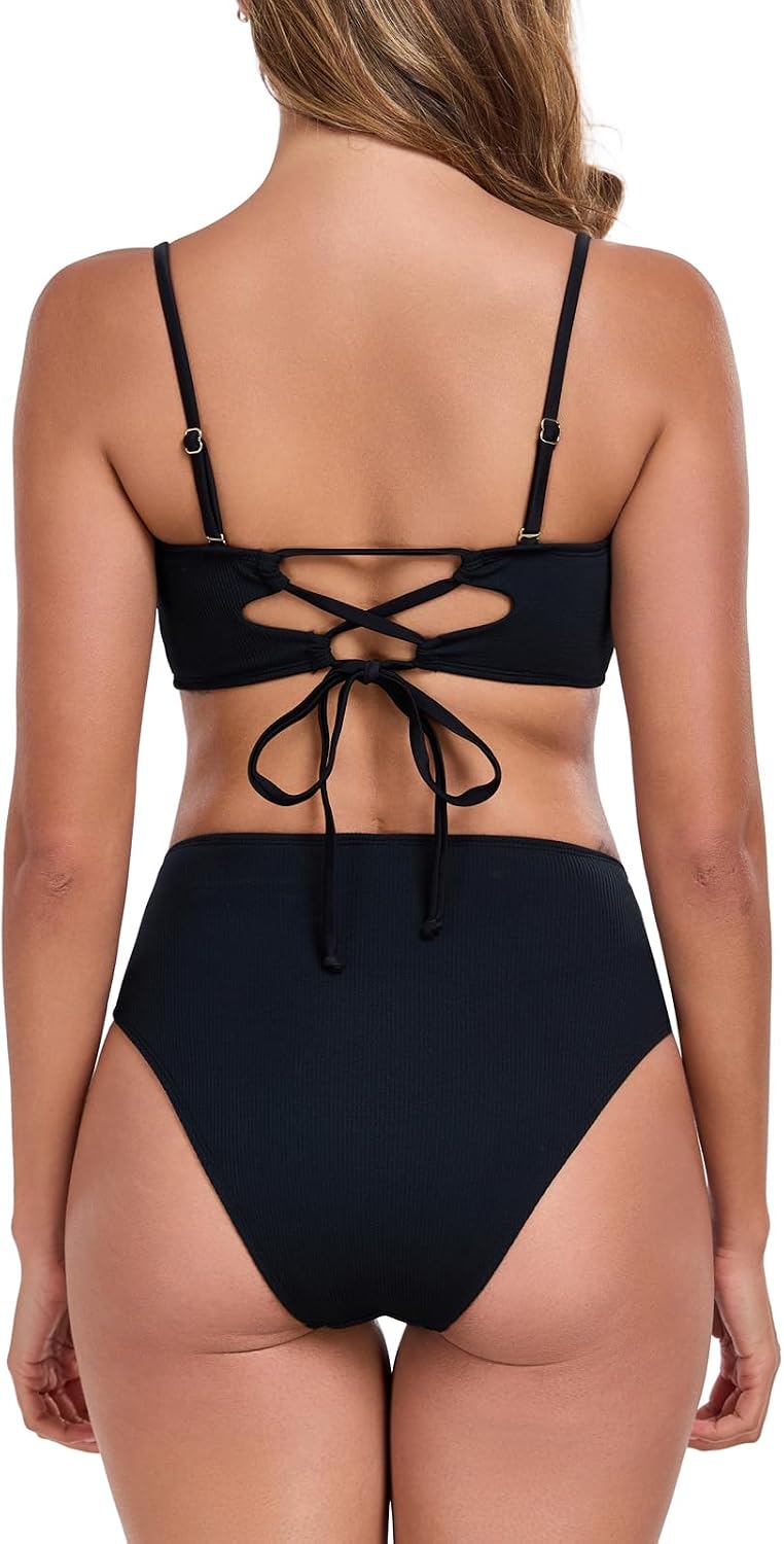 Colloyes Women's Bandeau Bikini Sets Removable Straps Lace Up Swimsuits High Waisted Two Piece Bathing Suits