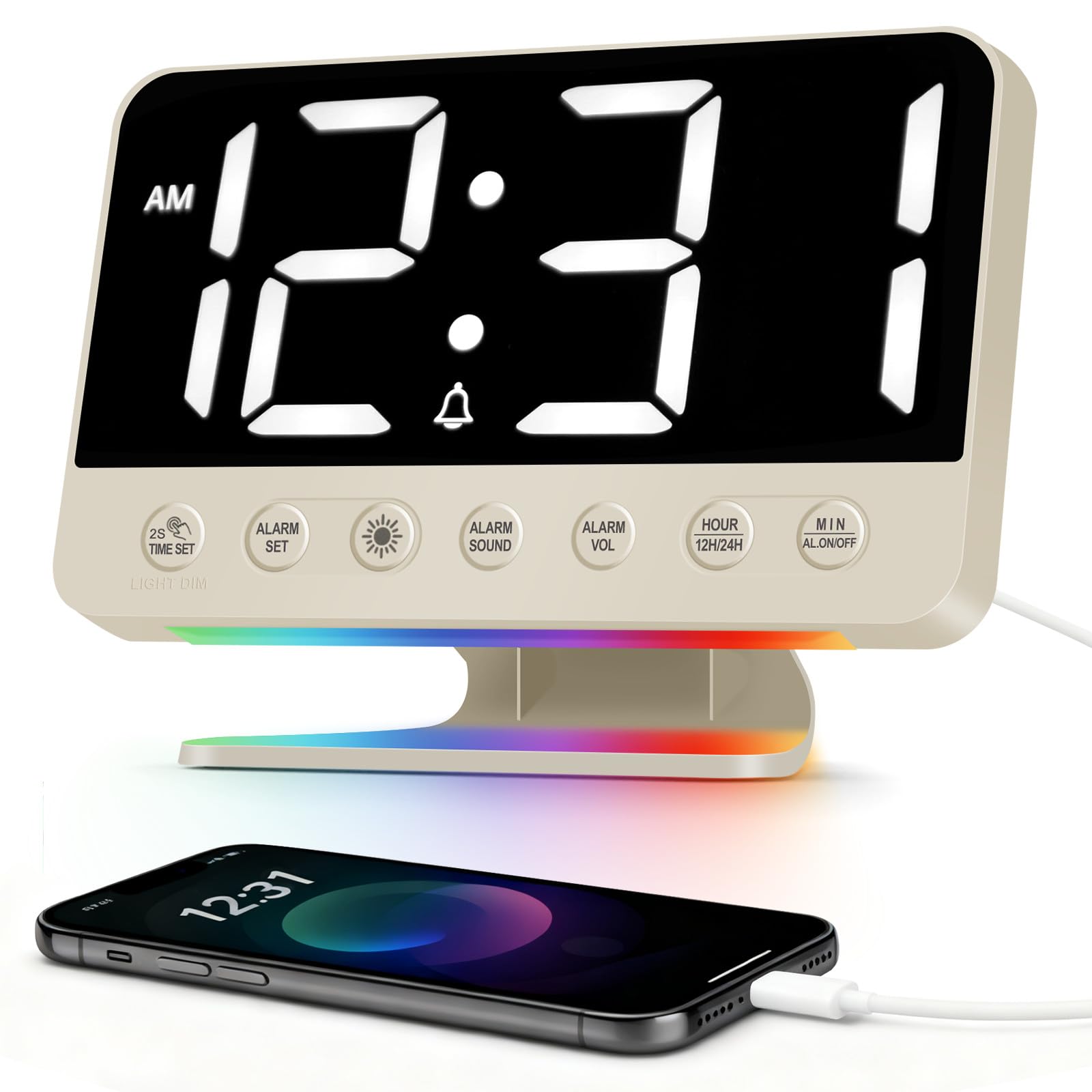 Reloj despertador digital para mesita de noche: reloj despertador fuerte para personas que duermen mucho, repetición, puerto USB, brillo/volumen ajustable, alimentación de red, 12/24 horas