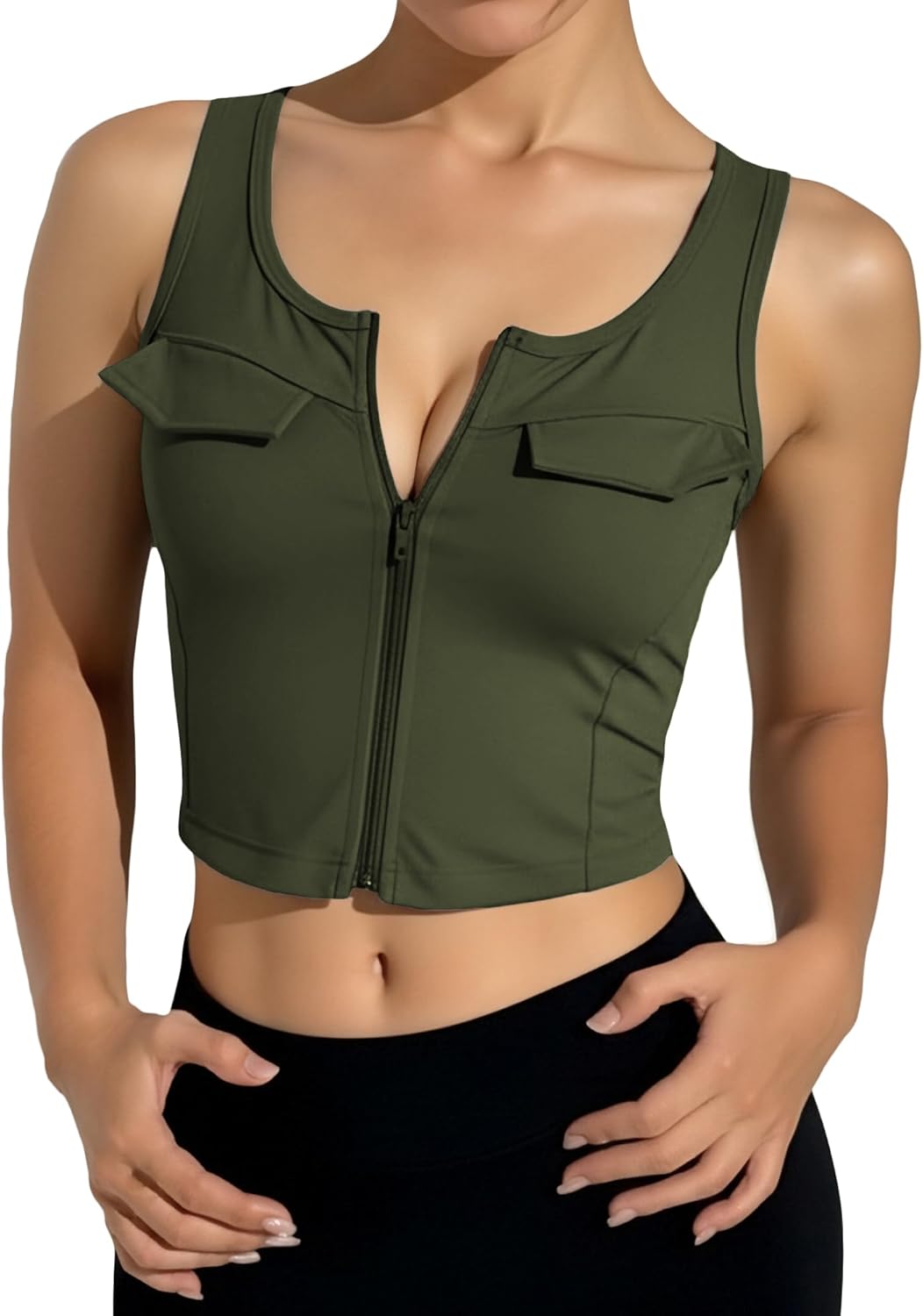 FEOYA Cargo Athletic Vest for Women Full Zip Up Workout Tank Sleeveless U Neck Yoga Gym Crop Top