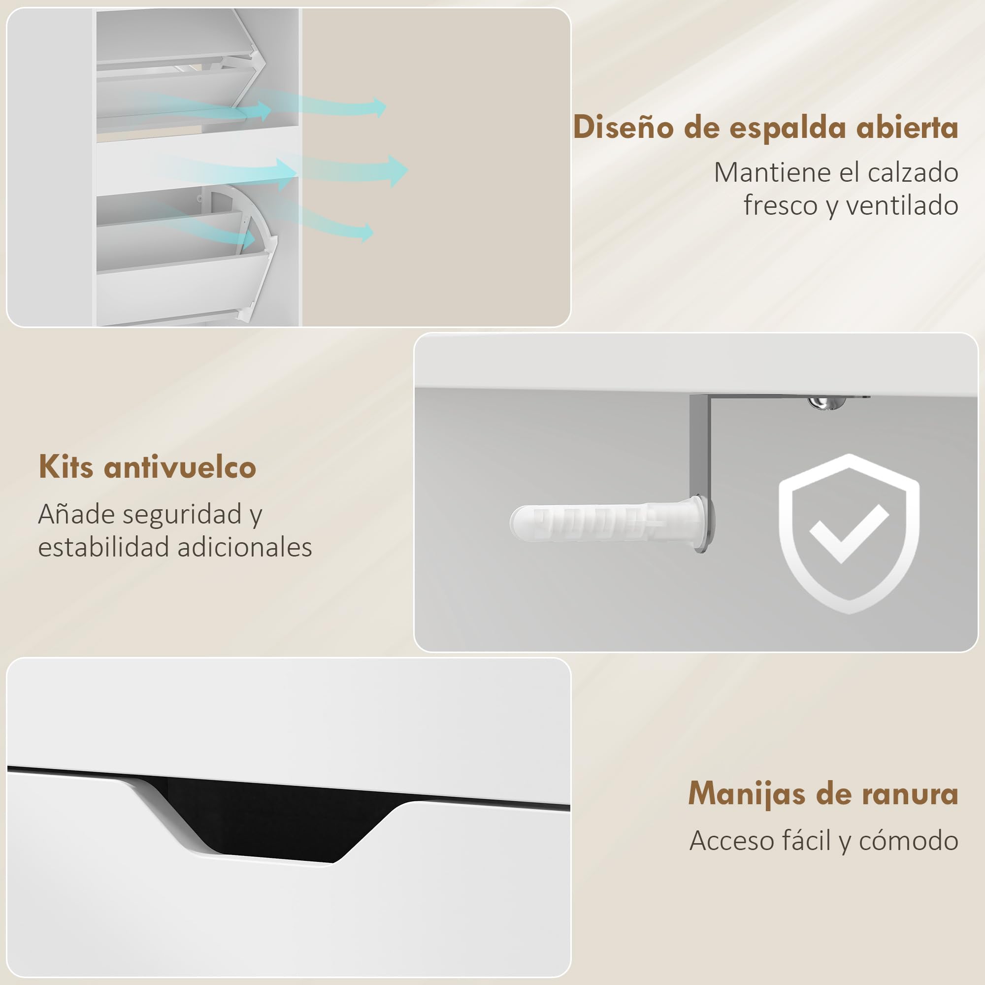 HOMCOM Zapatero Estrecho con 3 Cajones Abatibles para 12-18 Pares Blanco | Zapatero Entrada Recibidor Alto, Estantes Ajustables, Compartimento Abierto