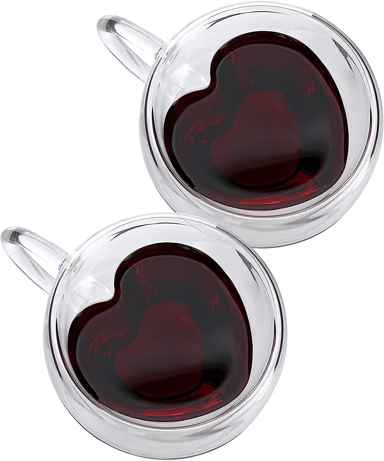 ANKUL Heart Shaped Transparent Double Walled Insulated Glass Pack of 4 Coffee Mugs or Tea Cups with Unique Handle (Heart Cup, 4)