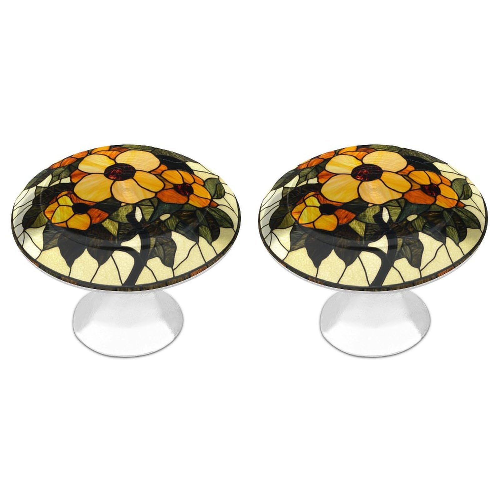 Jubonexis Stained Glass Yellow and Orange Flowers Round Drawer Cabinet Knobs Handles with Screws,2 Pcs, Drawer Dresser Knob Pulls Decor for Wardrobe Cupboard Home Office Kitchen