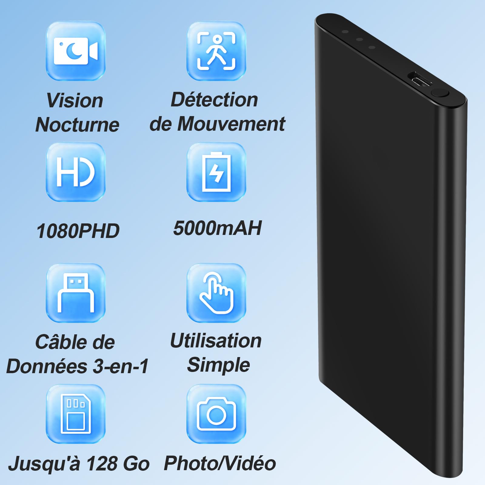 Caméra Espion Power Bank, Double Fonction 1080P HD Caméra Cachée Power Bank, Batterie 5000 mAh pour 17 Heures D'enregistrement avec Câble USB 3-en-1