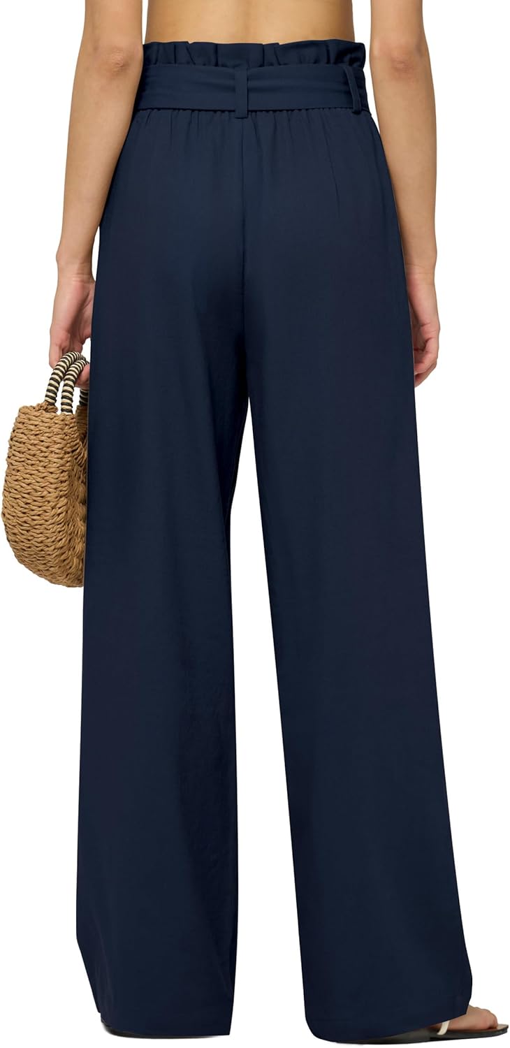 Women Linen Pants 2025 Paperbag Wide Leg Dress Pants High Waisted Work Slacks Tie Knot Trousers with Pockets 28" Navy Blue XXL - Image 4