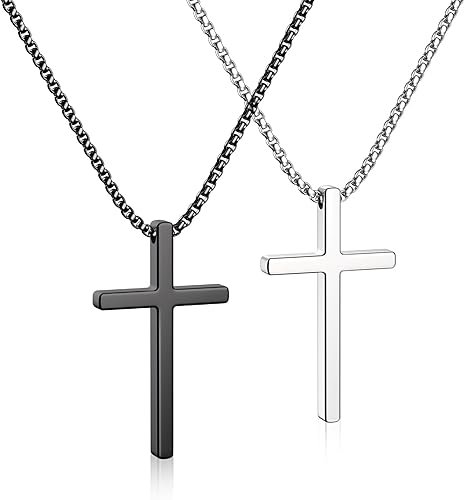 Miniatura 1 de TAISOU 2 collares de cruz para hombres, plata y negro para hombre, collar con colgante de cruz de acero inoxidable para hombres, regalos de joyería