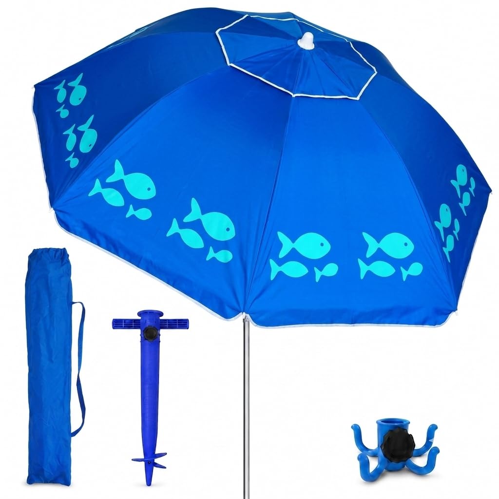 Pincho Sombrilla Playa Grande Familiar 200 cm, Sombrilla Playa Anti Viento UV50 Inclinable con Ventana, Soporte Anclaje, Bolsa Transporte y Percha, Tubo Aluminio, 8 Varillas Flexibles Fibra Vidrio
