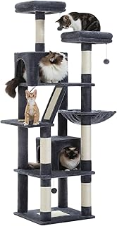 PEQULTI [70.9"=180cm] Tall Cat Tree for Large Cats, Large Cat Tree for Indoor Cats, Multi-Level Plush Cat Tower with 6 Scratching Posts, 2 Perches, 2 Condos, Hammock, 2 Pompoms, Dark Gray