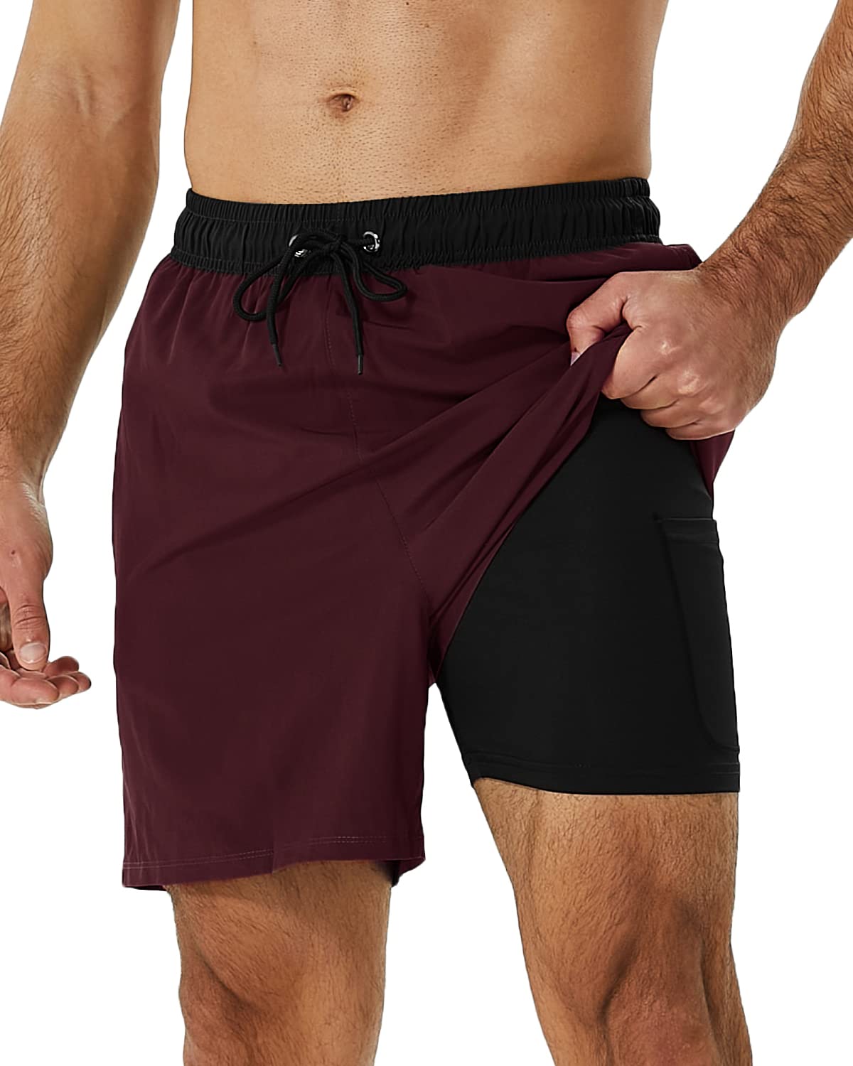 SILKWORLD Mens Swimming Trunks with Compression Liner 2 in 1 Quick-Dry Swim Shorts with Zipper Pockets