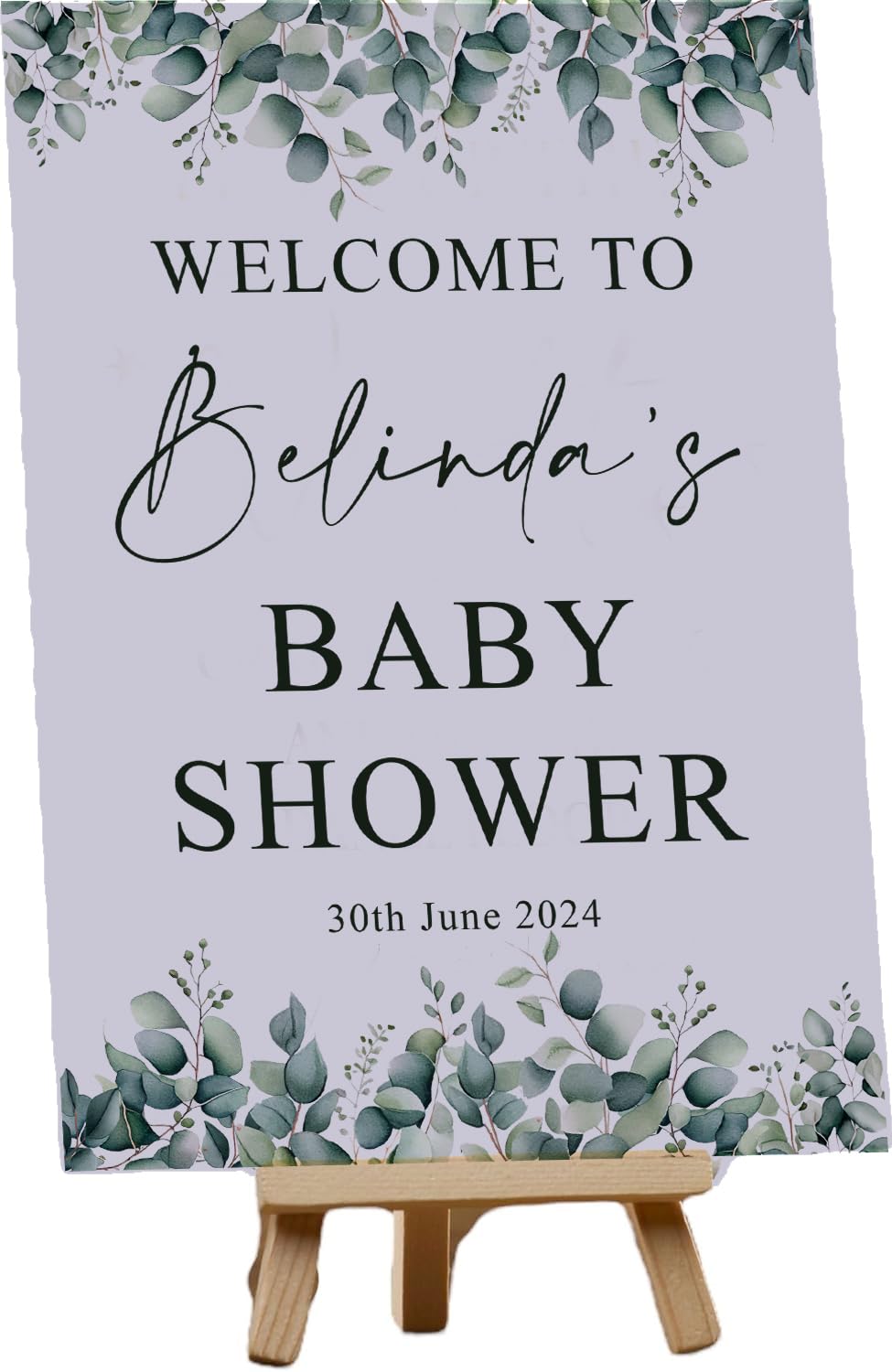 Personalised Baby Shower Celebration Table Sign Eucalyptus Leaves (Personalised Card and Easel)