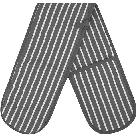 Grey Double Oven Gloves Heat Resistant Oven Mitts for Home Kitchen Baking and Cooking, Butchers Stripe Pot Pan Tray Double Oven Gloves, Heavy Duty Cooking Oven Gloves (Grey) Cover