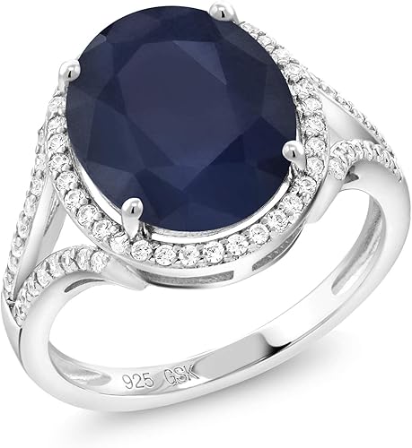 Gem Stone King Anillo de plata de ley 925 con zafiro azul para mujer (6.42 quilates, ovalado de 0.472 x 0.394in, piedra natal con piedras preciosas,