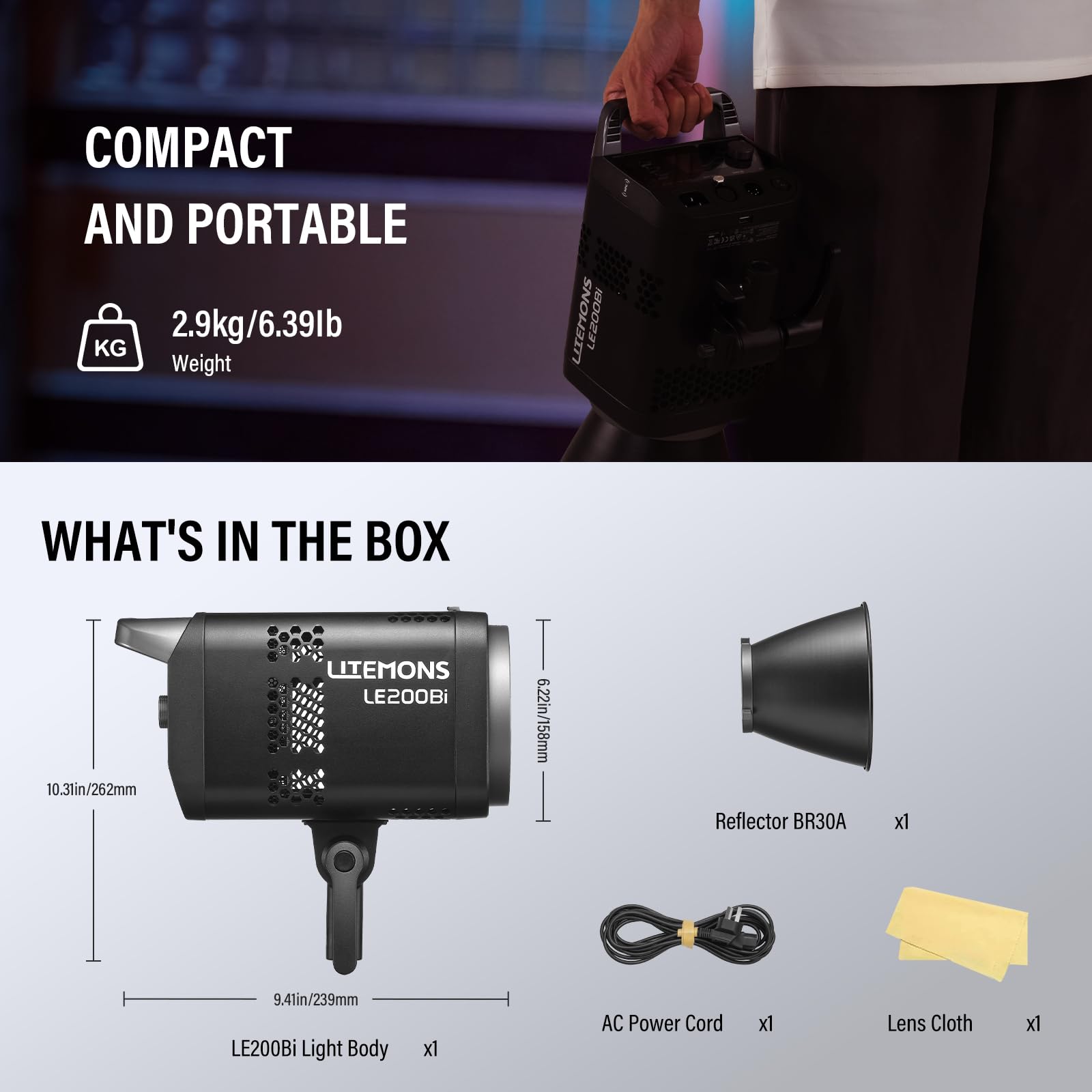 Godox Litemons LE200Bi LE200 Bi Luce Continua a LED Video Light 220W 2800K~6500K 57700 Lux/1 m TLCI/CRI≈98 Controllo Bluetooth 11 Effetti FX Attacco Bowens Videolight per Vlogging,YouTube (nero)
