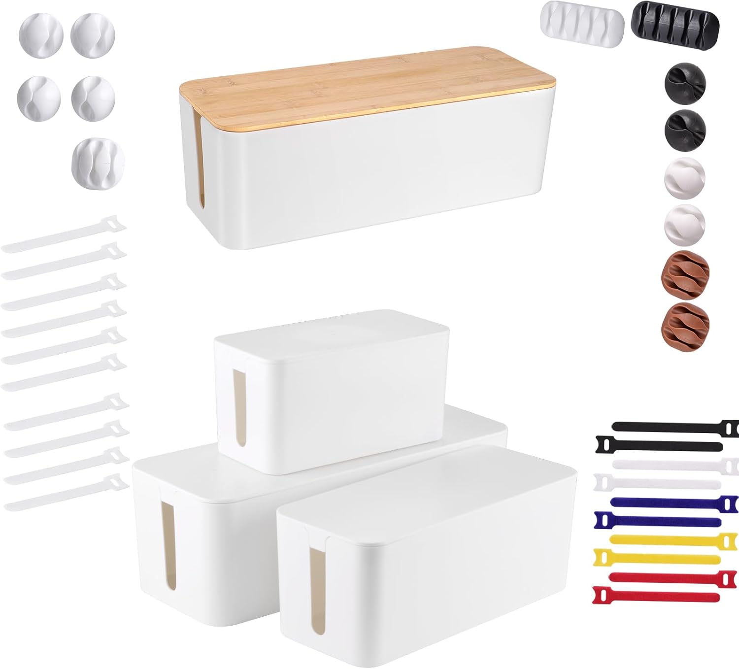 White Wooden Style Large Cord Organizer Box - 3 Pack with 18 PCS Cable Management Set - Large, Medium & Small Boxes to Hide Wires