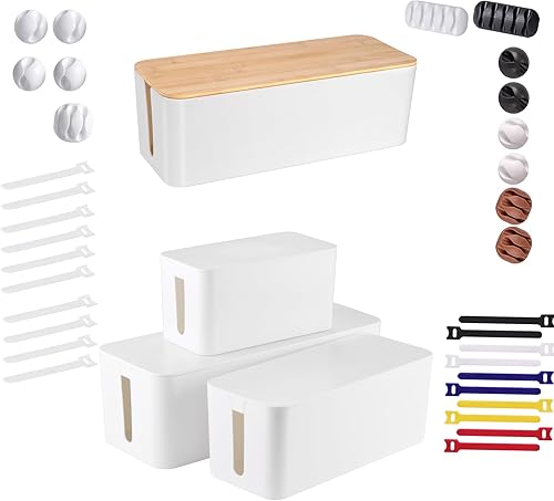 Caja organizadora de cables grande de madera blanca, paquete de 3 con 18 unidades de organización de cables, cajas grandes, medianas y pequeñas para