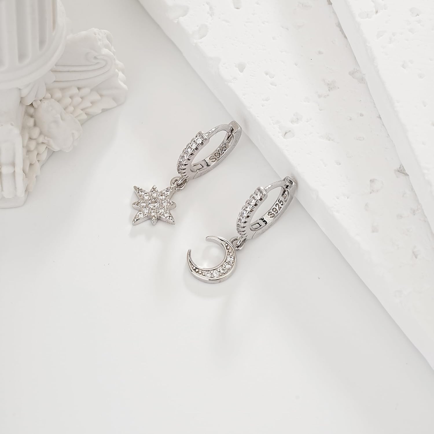 925 Sterling Silver Huggie Earrings for Women, Moon and Star Drop Earring Cute Celestial Jewelry Gifts for Everyday Wear - Image 4