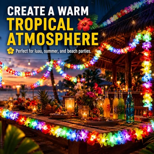 Image of 65.62 ft Light up Hawaiian Flower Lei Garland Tropical Hawaiian Garland LED Lighted Luau Party Flower Banner for Luau Summer Beach Party Decorations