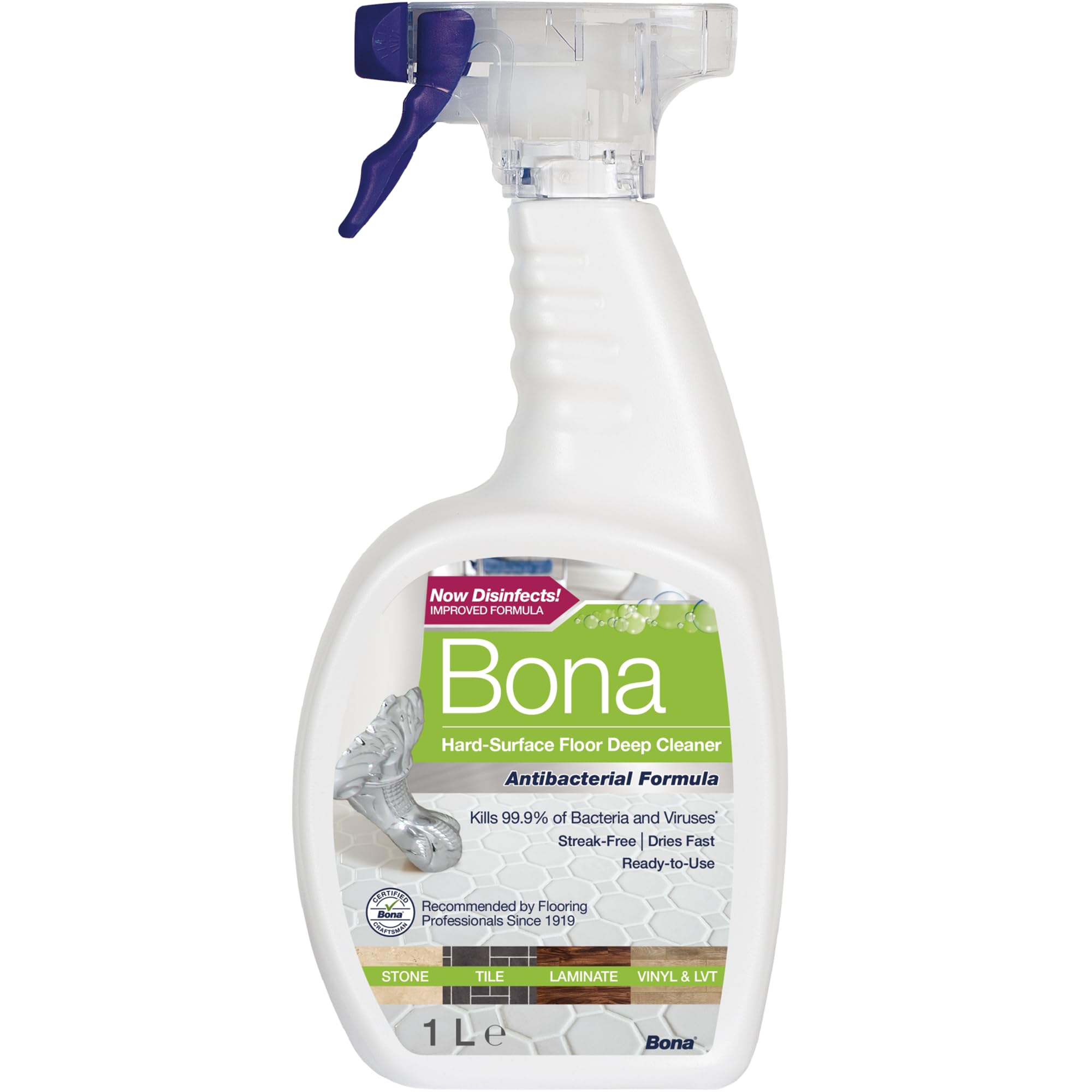 Bona Antibacterial Hard-Surface Floor Cleaner Liquid - for Stone, Tile, Laminate & LVT Floors - 1 Litre Spray Bottle