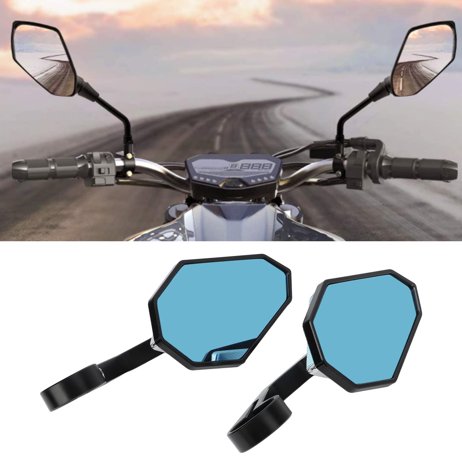 Para lusterek wstecznych na końcu kierownicy motocykla, uniwersalny zestaw lusterek bocznych ze stopu aluminium CNC z płaską niebieską soczewką przeciwodblaskową, do nagich (Czarny Biały)