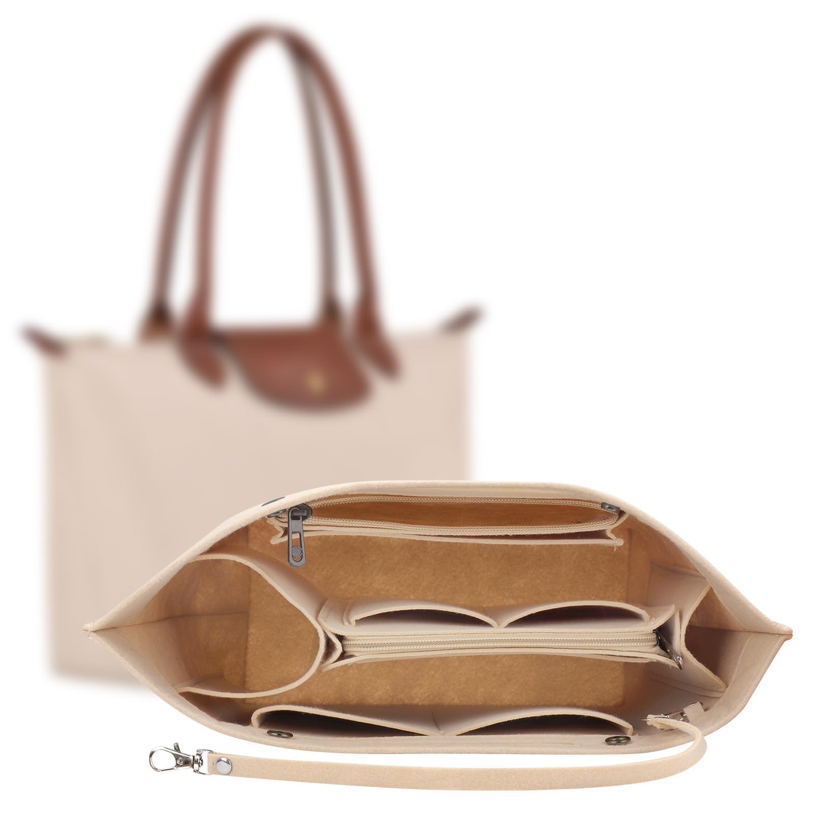 Organizador de Bolsa para Longchamp, Organizador de Bolsillo de Mano para Mujer de Fieltro, con Múltiples Bolsos, Bolsillo Interior para Bolsos Longchamp, Gran Volumen (Beige, L)