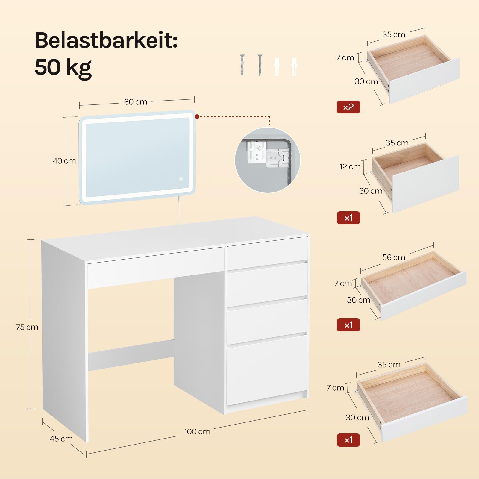 WOLTU 2-in-1 Schminktisch & Schreibtisch, mit LED-Beleuchtung, 5 Schubladen, Frisiertisch mit Wandspiegel 40 x 60 cm, einstellbare Helligkeit, 100x45x75 cm, Weiß für Schlafzimmer, Holz