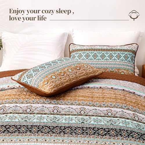 WONGS BEDDING Boho Fall Queen Quilt Set, Brown Bohemian Queen Quilt Bedding Set, Lightweight Microfiber Bed Decor Bedspread for All Season 96"x90"(3 Pieces) - Image 5