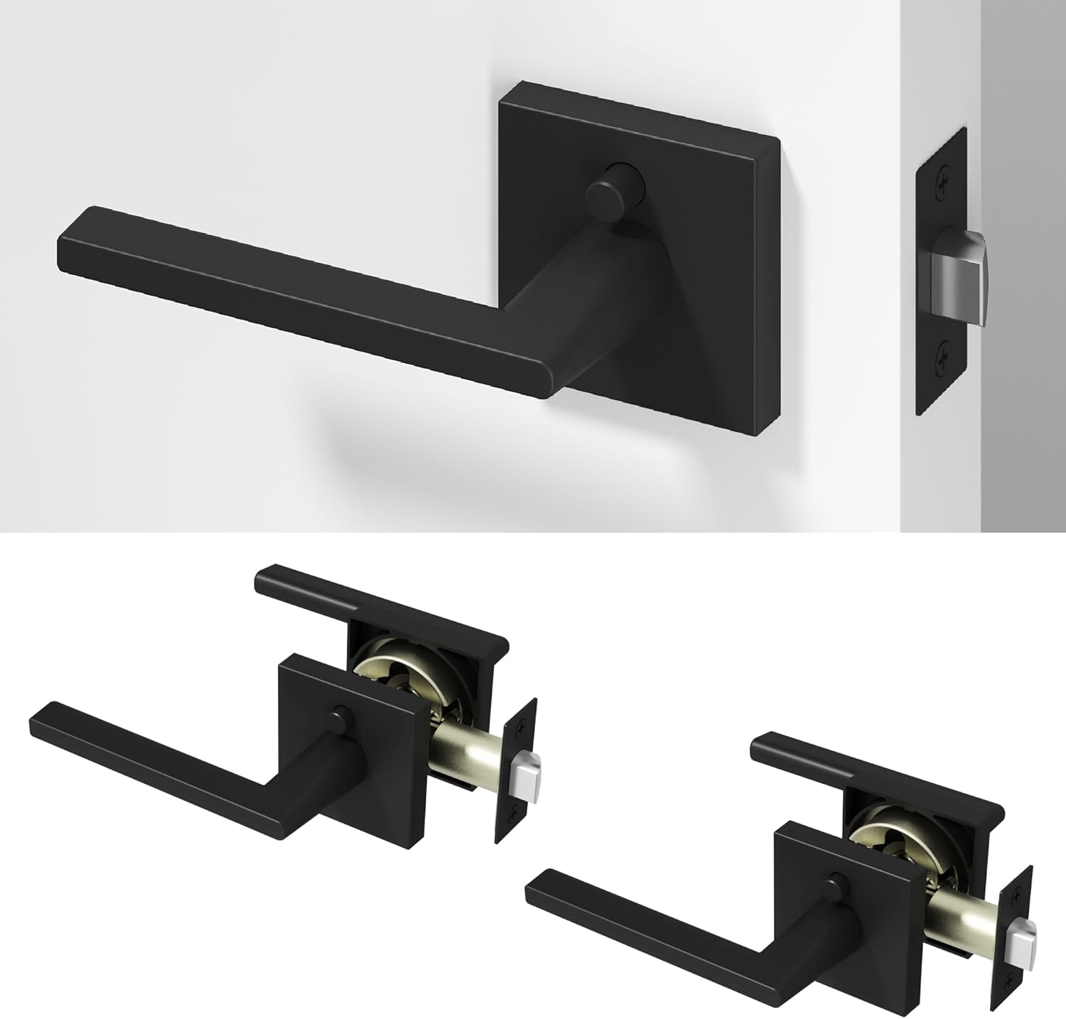 Okun Quadra 2-Pack Matte Black Privacy Door Levers – Push Button Lock, Reversible, Sleek Concealed-Mount Design for Bedroom & Bathroom