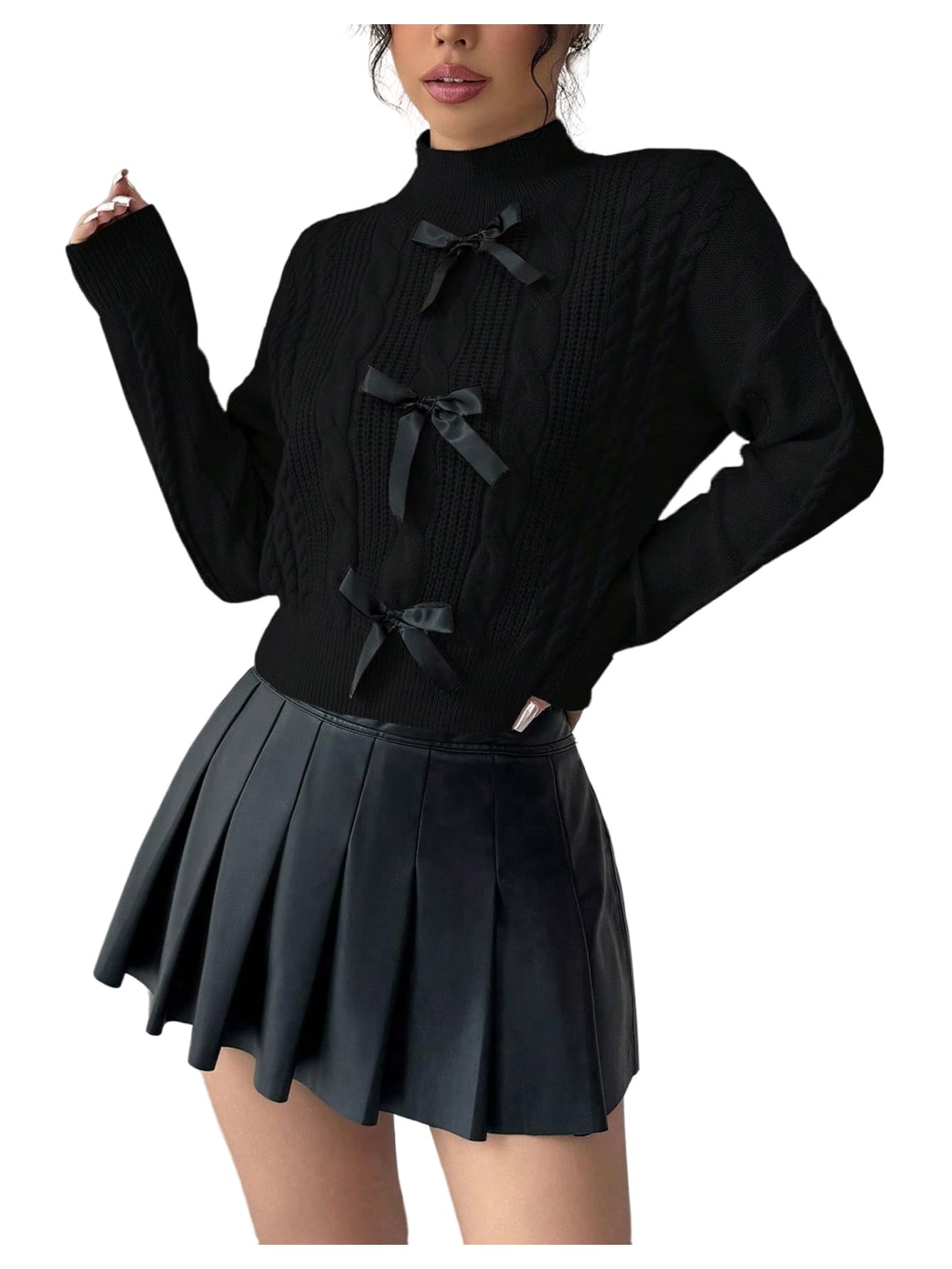 GORGLITTER Womens Bow Cropped Sweater Cable Knit Mock Neck Long Sleeve Fall Fashion Pullover Tops
