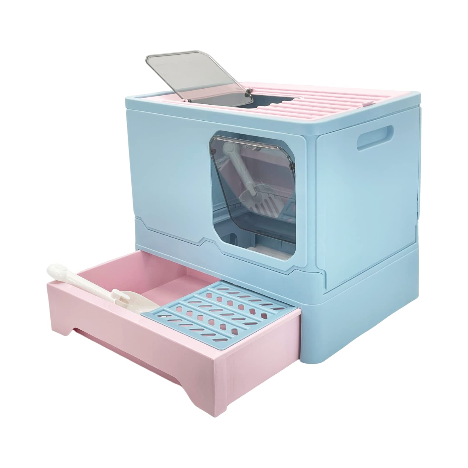 Apatal Foldable Cat Litter Box with Lid, Enclosed Drawer Kitty Litter Pan Top/Front Entry Anti-Splashing Covered Cat Toilet with Plastic Scoop for Indoor Pets Kitten Easy to Clean (Blue)