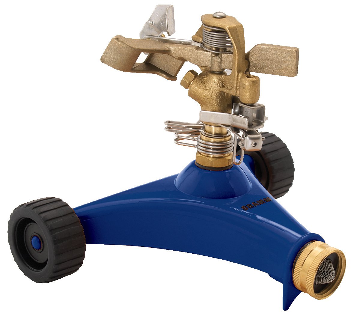 Arroseur à impulsion Dramm bleu avec base à roulettes en métal pour grand jardin