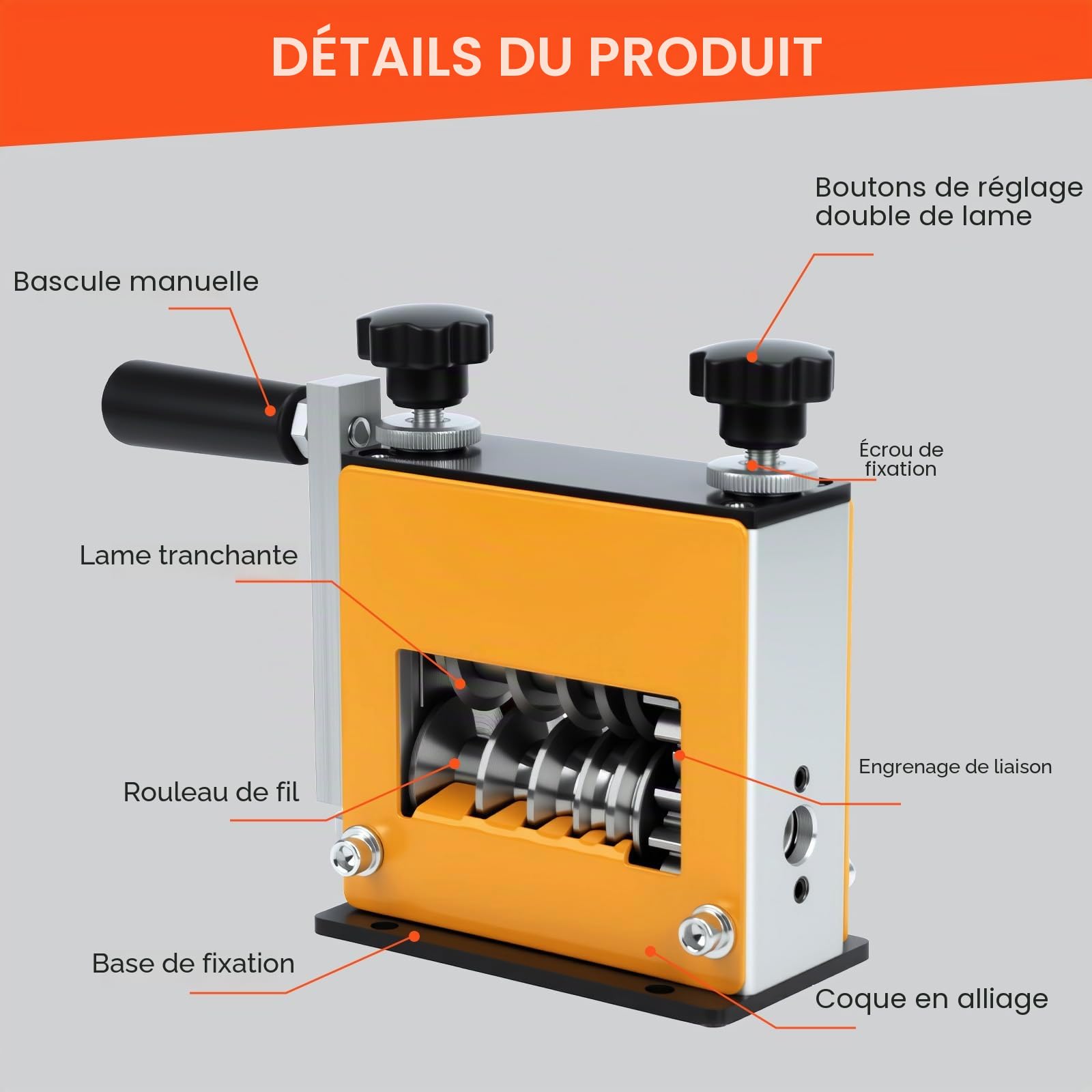 Denudeur Cable Electrique, Machine à Dénuder le Cuivre Manuelle avec 6 Canaux, Denudeur Cable pour 3 à 17 mm, Machine de Dénuder Cuivre Fils Mode Manuel et Automatique, jaune