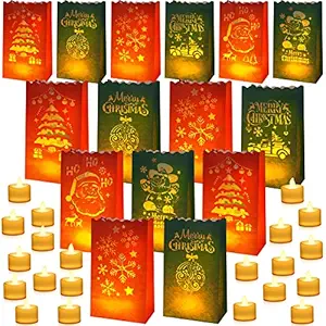 Nezyo 30 Sets Christmas Luminaries Bags with Flameless LED Tea Lights, Flame Resistant Paper Bags Luminary Lantern Bags 6 Designs Candles Bags for Christmas Home Party Outdoor Decoration