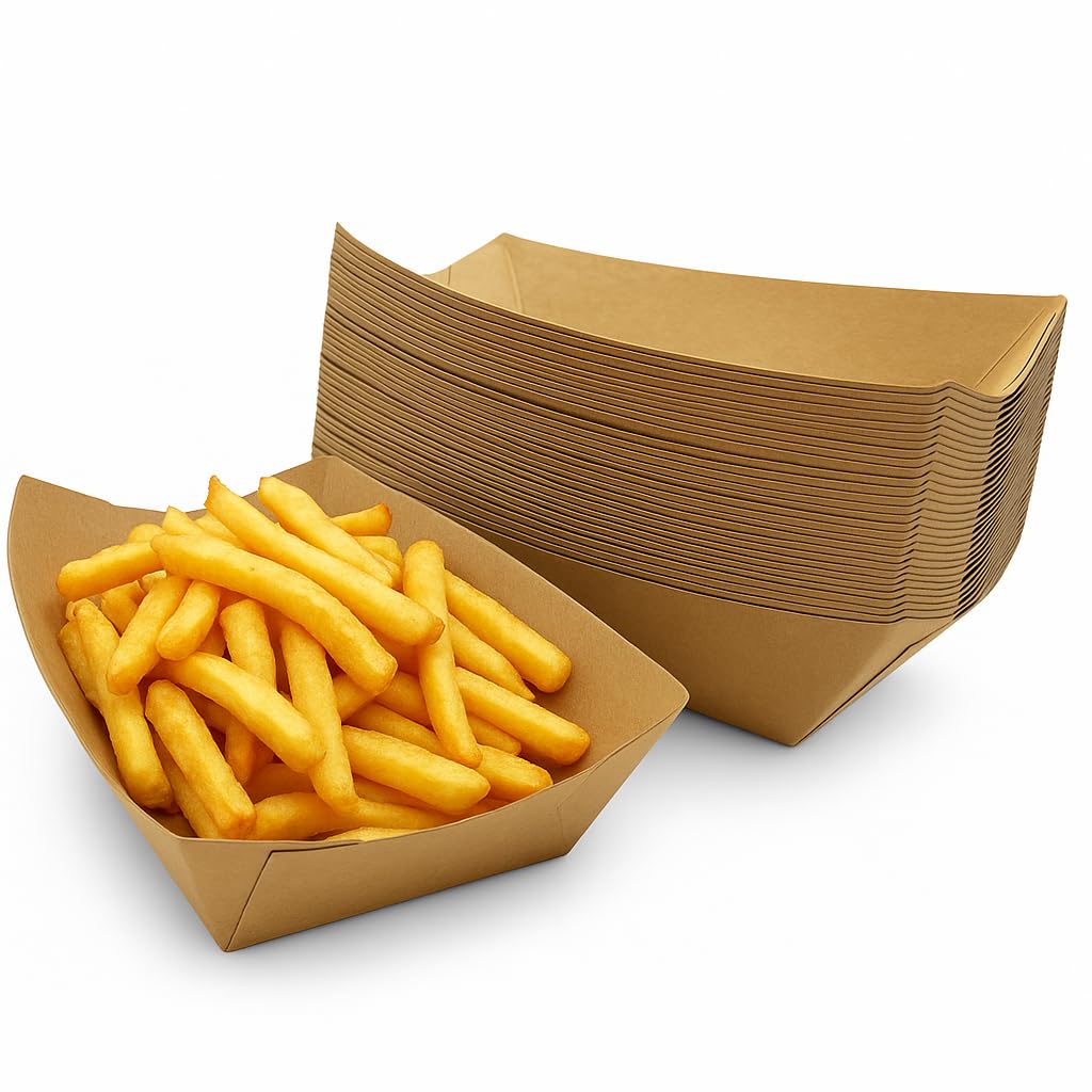 100 x Small Compostable Kraft Paper Food Trays 16x11x4cm - Brown Cardboard Snack Boats Tray – 300ml (10oz) Eco-Friendly Oil & Waterproof Disposable Serving Trays for Hot Food, BBQs, Picnics, Takeaway