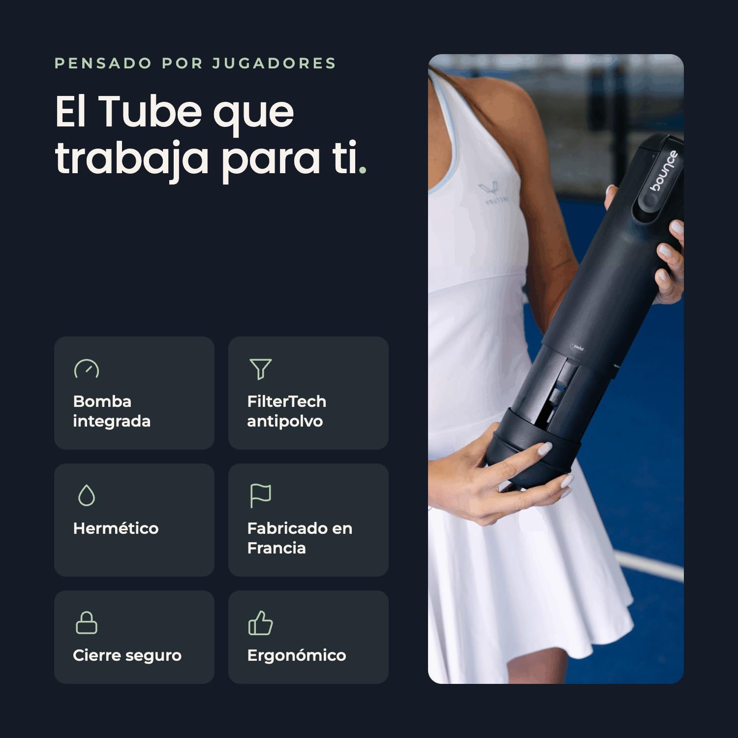 Bounce Tube FilterTech - Presurizador de Pelotas de Pádel | Vida Útil x5 – Estanqueidad Reforzada 3 Semanas – Bomba Integrada Patentada – Made in France