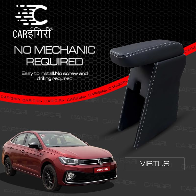 Image of Carigiri Premium Finish Car Armrest with Storage Box And High Density Moulded Foam For Volkswagen Virtus (Black With White Seam,Nappa Leatherette)