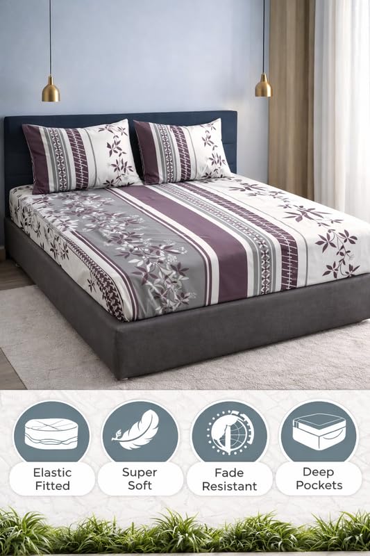 Image of King Size Elastic Fitted Bedsheet with 2 Pillow Covers - Glace Cotton, Fits up to 8-inch Mattress, All-Around Elastic (Floral Print, Wine)