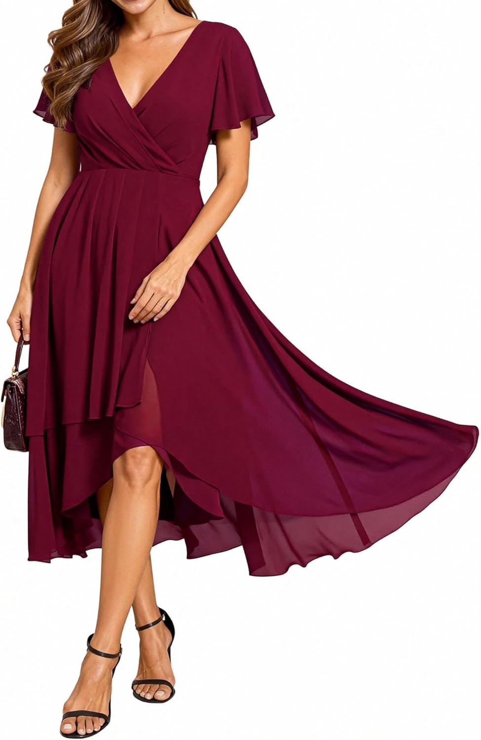 Ever-Pretty Women's Spring Chiffon Semi Formal Dresses V Neck Ruffle Sleeves High Low Cocktail Dress for Wedding Guest 2084