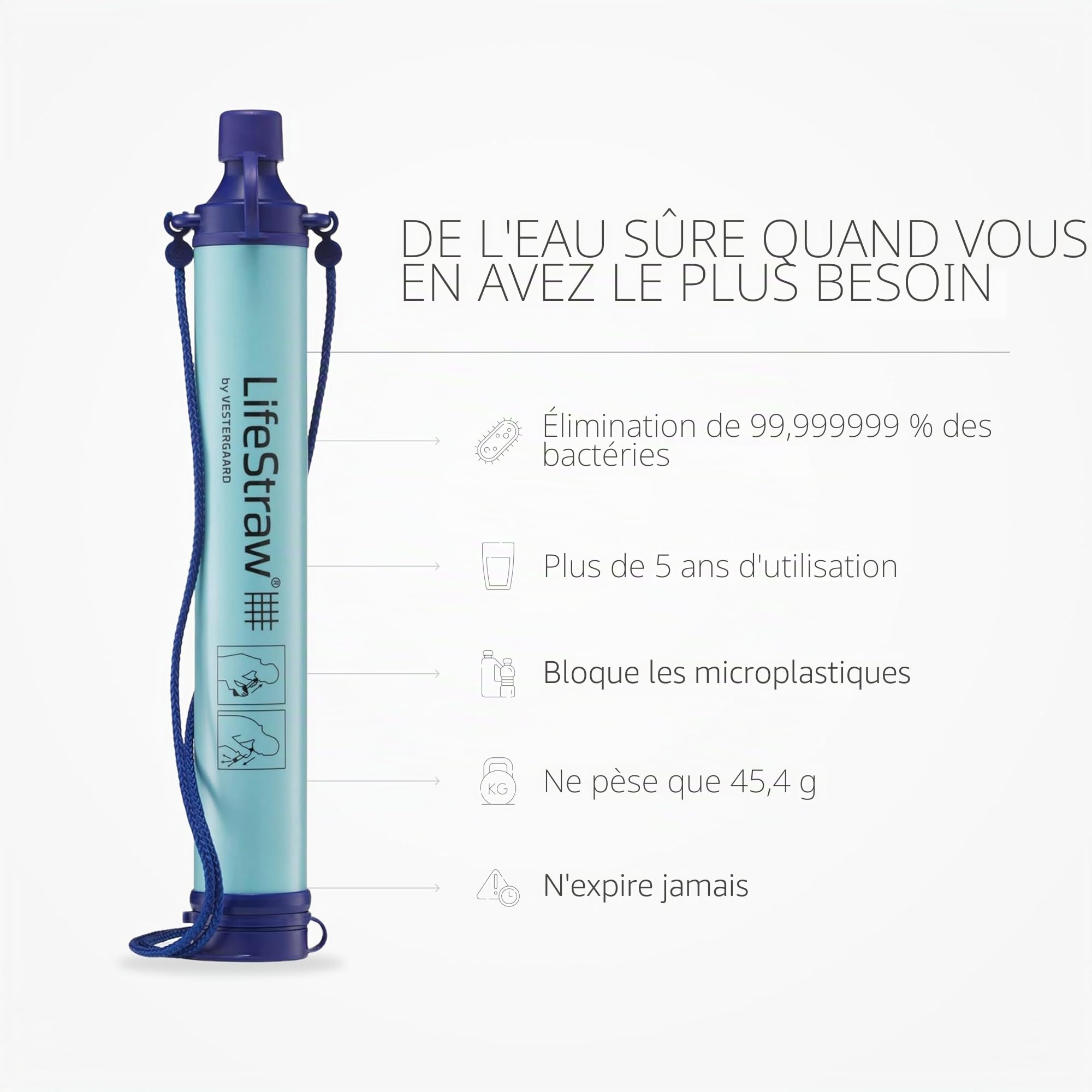 LifeStraw Lot de 5 filtres à eau personnels pour randonnée, camping, voyage et préparation aux situations d'urgence, bleu